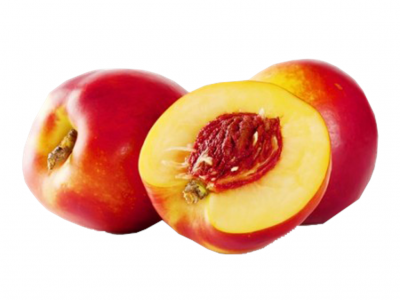 Três nectarinas, duas inteiras e uma cortada, com casca vermelha e amarela e polpa amarela