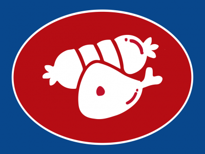 Logo vermelho e branco com peixe e enchido