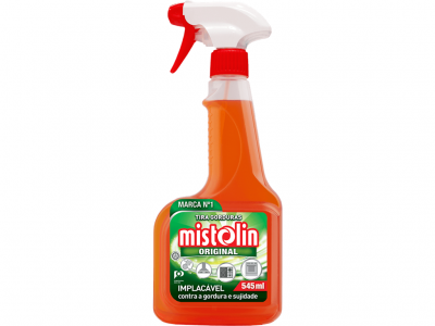 Frasco laranja de spray Mistolin Original com rótulo verde e vermelho