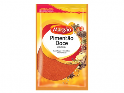 Embalagem amarelo e vermelho de Pimentão Doce Margão com especiarias