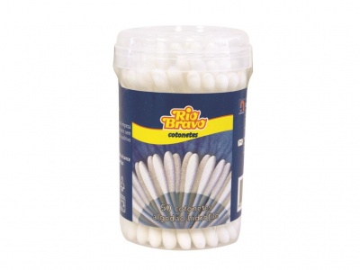 Embalagem de cotonetes Rio Bravo com rótulo azul e amarelo