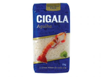 Pacote de arroz CIGALA Agulha 1 kg azul com camarão e salsa na embalagem