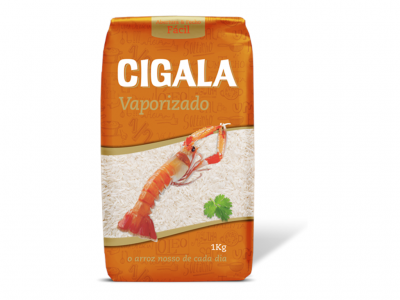 Pacote de arroz vaporizado CIGALA 1kg laranja e branco com imagem de cigala