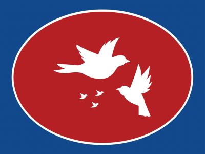 Logotipo oval vermelho com silhuetas brancas de aves em fundo azul