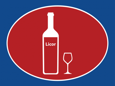 Ícone branco de garrafa e copo de licor com texto 'Licor' em fundo oval vermelho sobre azul