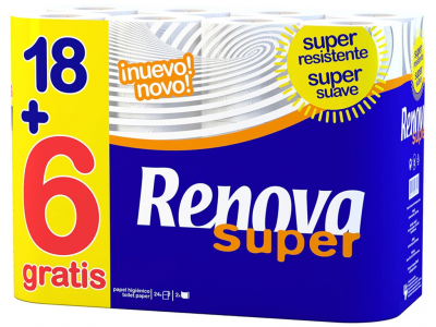 Pacote de papel higiénico Renova Super com oferta de 6 rolos gratuitos