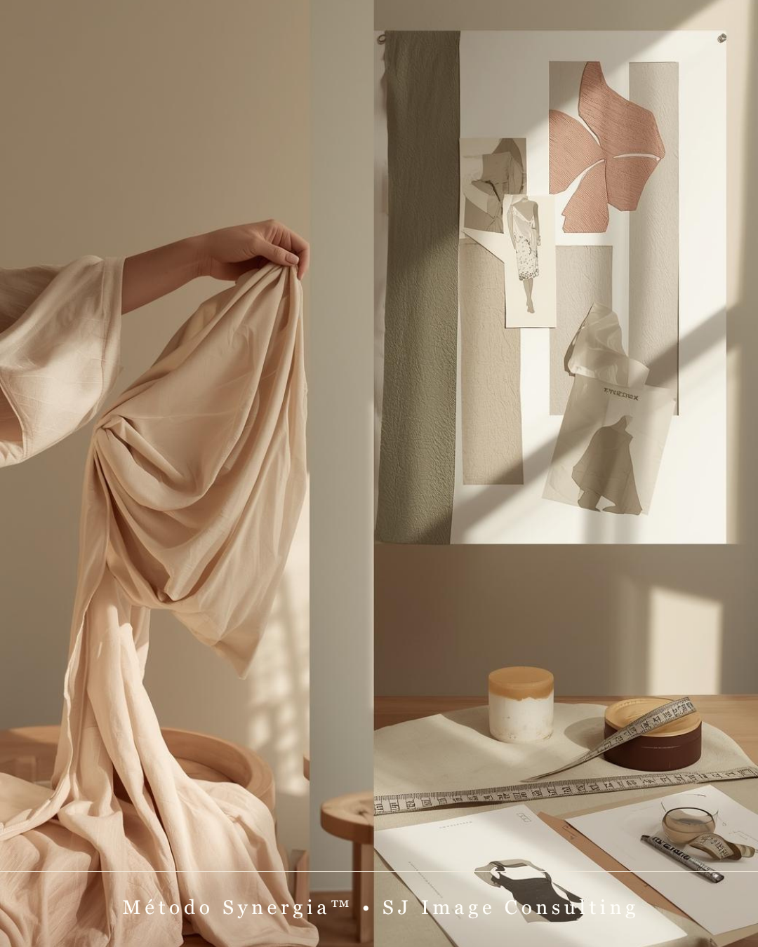 Consultoria de Estilo Pessoal Mão segurando tecido bege claro com desenhos de moda na parede e materiais de costura sobre a mesa