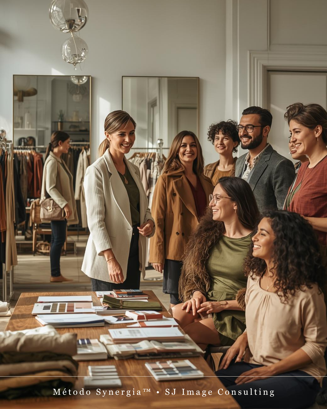 Styling em Loja Grupo de pessoas em consultoria de imagem com amostras de tecidos e roupas ao fundo