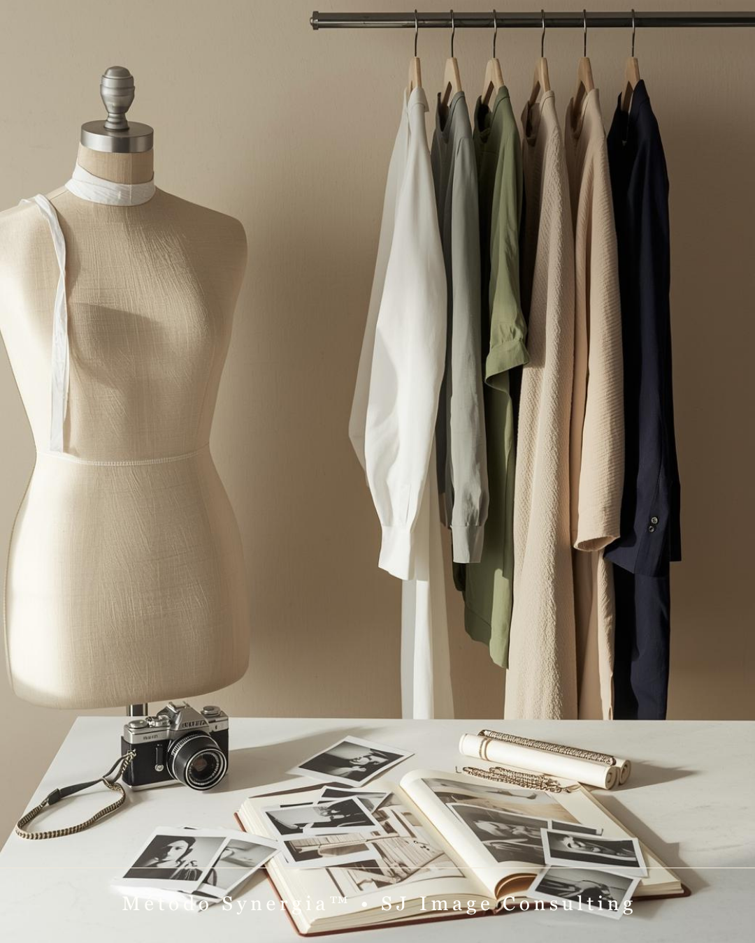 Styling Fotográfico Manequim, camisas penduradas, câmara fotográfica, álbum de fotos e rolos fotográficos sobre mesa.