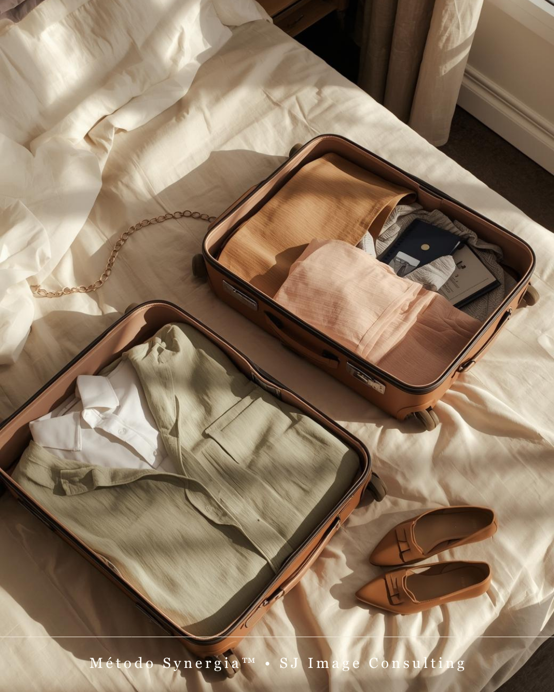 Styling Mala de Viagem Duas malas castanhas abertas com roupa dobrada em cores pastel sobre cama branca, sapatos castanhos ao lado