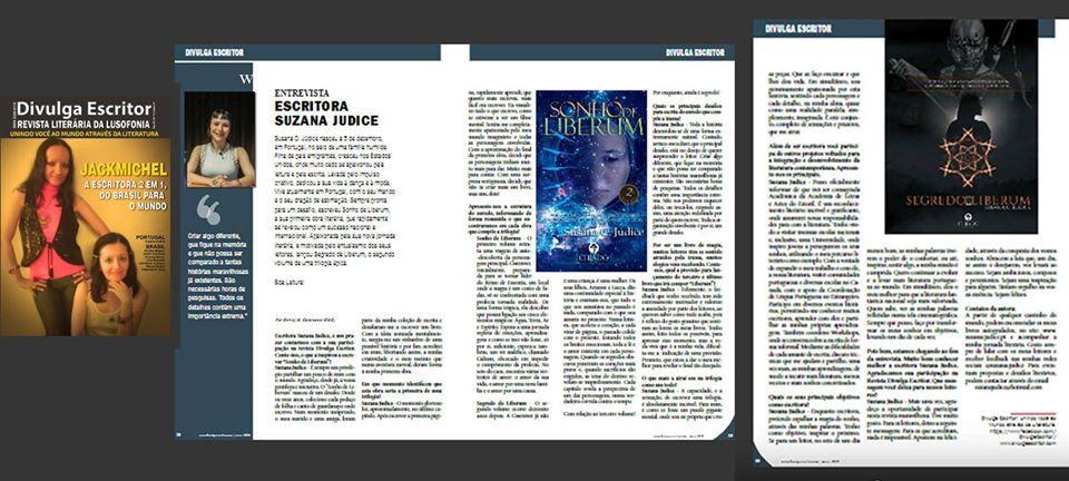 Entrevista Revista Divulga Escritor - Brasil Dupla página de revista ou catálogo com texto em português sobre escritoras e imagens coloridas de capas de livros