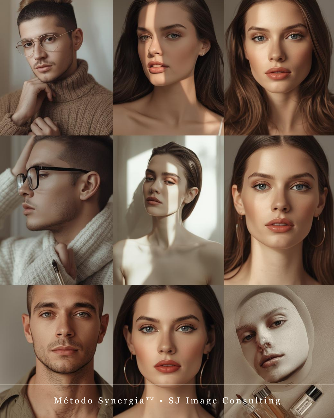 Consultoria Visagismo & Beleza Colagem de retratos de modelos com roupas neutras e uma imagem artística de rosto mascarado