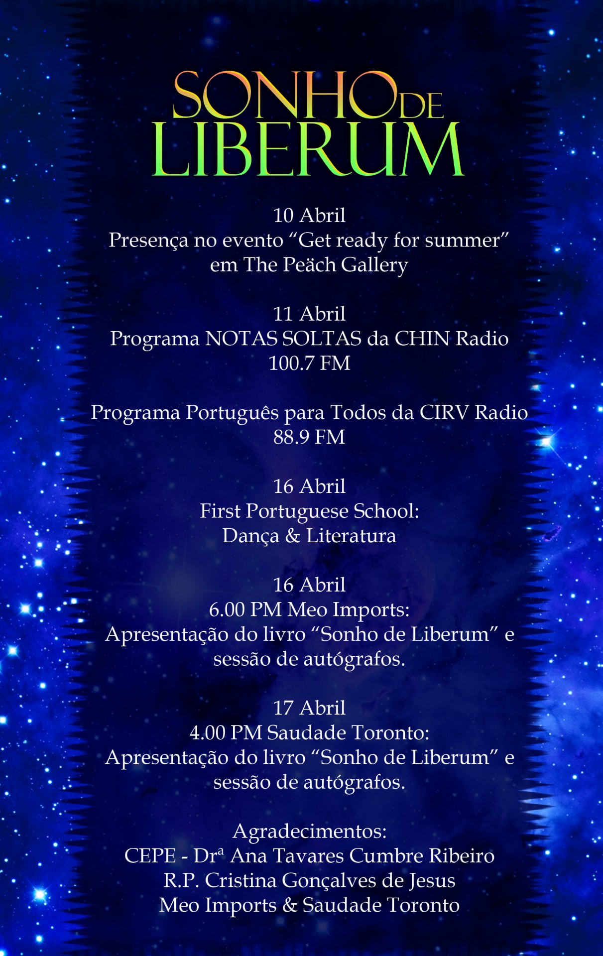 Anúncio de eventos relacionados ao livro Sonho de Liberum em fundo azul estrelado