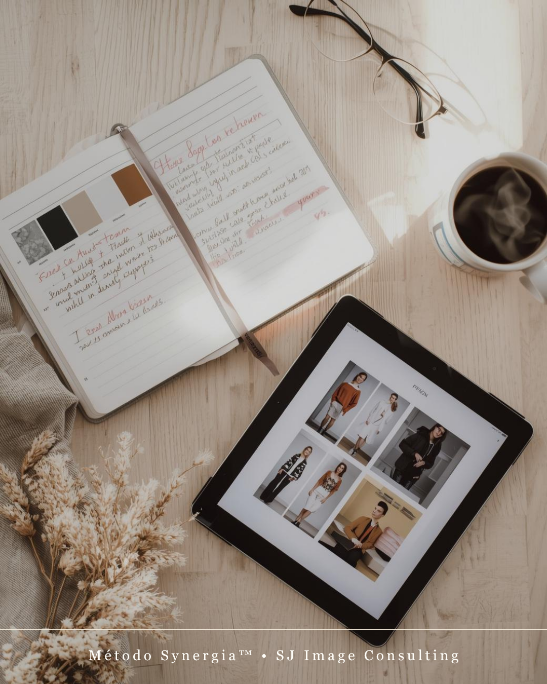 Estilo com Continuidade Mesa com tablet a mostrar moda, caderno aberto com anotações, óculos, caneca de chá e plantas secas