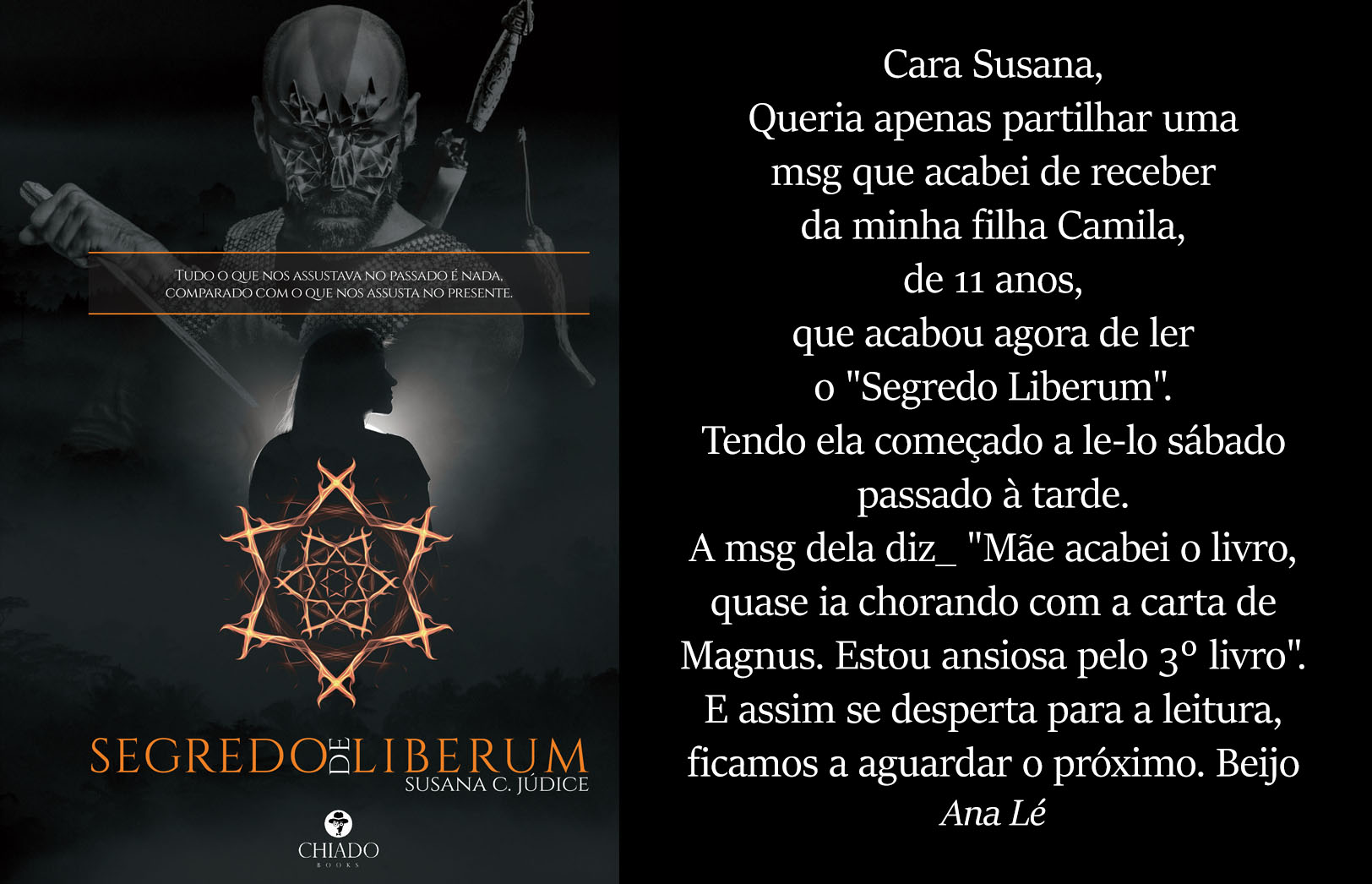 Capa do livro Segredo Liberum com imagem de um esqueleto e texto testimonial em fundo preto
