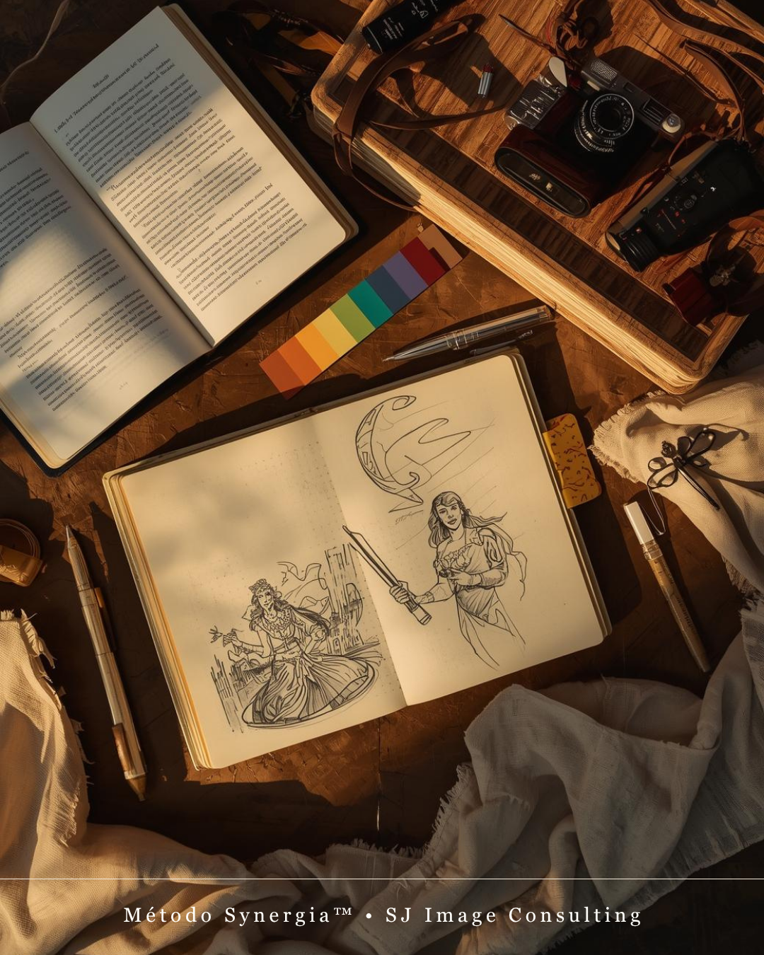 Workshop StoryLook™ Sketchbook com desenhos de figuras femininas, livro aberto, câmera retro sobre caixa de madeira e itens de desenho em superfície rústica