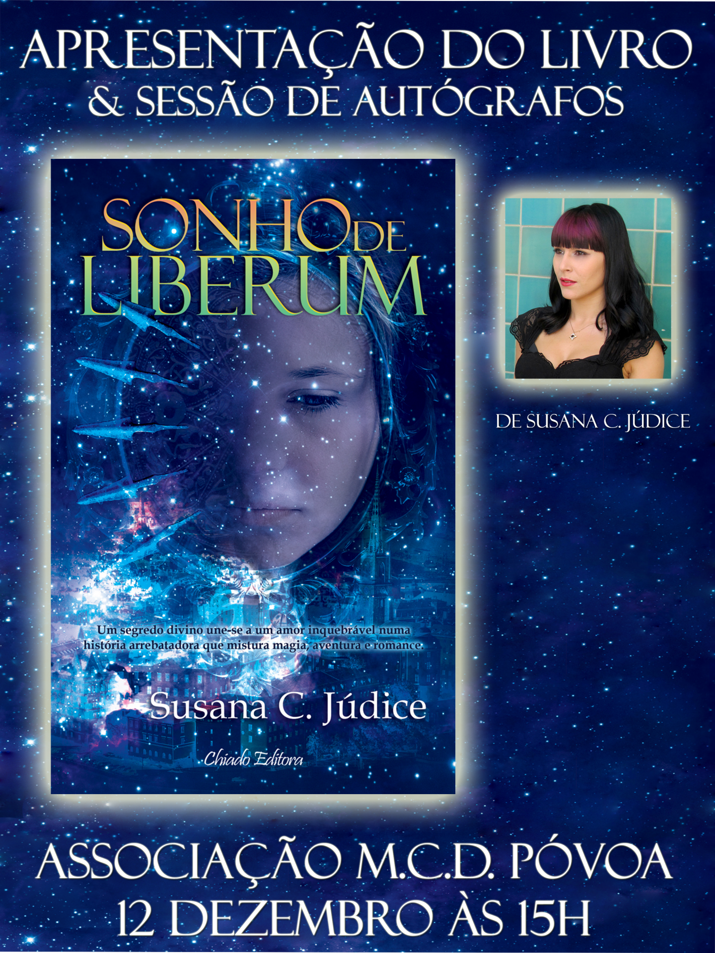 Cartaz de apresentação do livro Sonho de Liberum e sessão de autógrafos com foto da autora e informações do evento