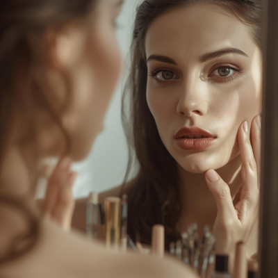 Mulher a olhar para o espelho com maquilhagem e texto sobreposto