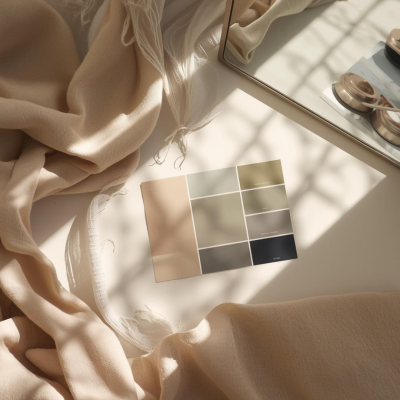 Carta de cores neutras sobre tecido bege com franja e espelho ao lado