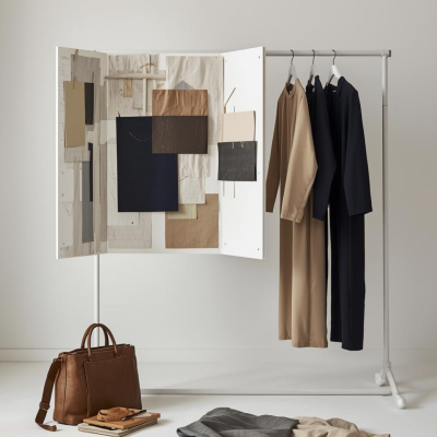 Roupas penduradas em cabide com tecido colorido e mala castanha no chão