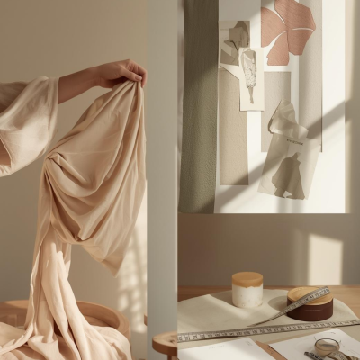 Mão segurando tecido bege claro com desenhos de moda na parede e materiais de costura sobre a mesa