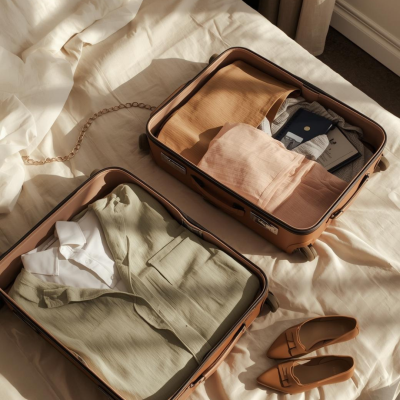 Duas malas castanhas abertas com roupa dobrada em cores pastel sobre cama branca, sapatos castanhos ao lado