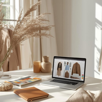 Mesa branca com portátil e itens decorativos numa sala bem iluminada.