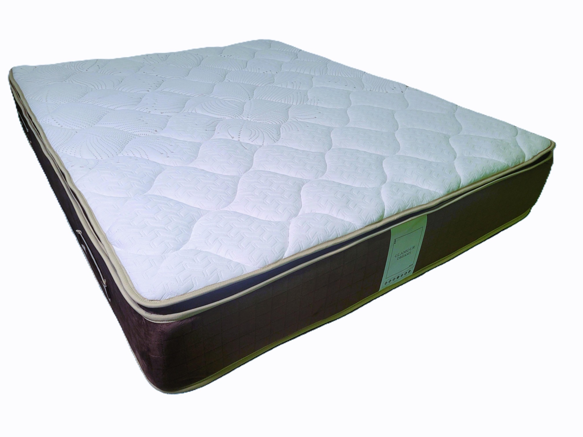 Colchão branco acolchoado com laterais castanho escuro e etiqueta GLAMOUR DREAMS