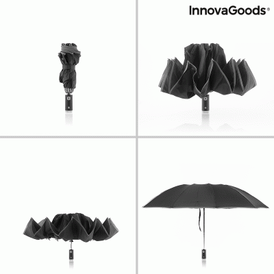 Guarda-chuva preto compacto InnovaGoods em várias fases de abertura sobre fundo branco