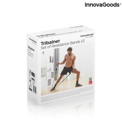 Caixa branca de bandas de resistência Tribainer InnovaGoods com imagem de homem a treinar.