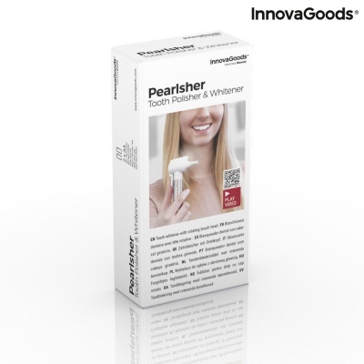 Caixa branca do PearlSher, polidor e branqueador dental da InnovaGoods, com imagem da mulher a usar o produto