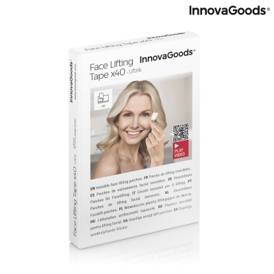 Embalagem branca de Face Lifting Tape X40 da InnovaGoods com imagem de mulher a aplicar fita facial.