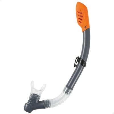 Snorkel cinzento com bocal transparente e extremidade superior laranja