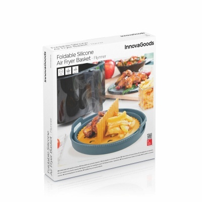 Caixa branca com cesta de silicone para air fryer dobrável azul e amarela