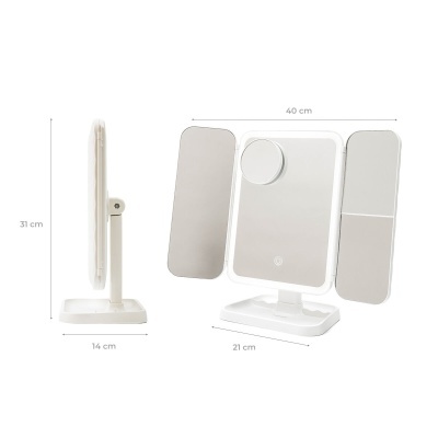 Espelho de maquilhagem branco com três painéis e base organizadora