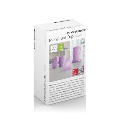 Caixa branca de copo menstrual e estojo lilás InnovaGoods Menstrual Cup Kuppy