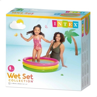 Conjunto de piscina insuflável Intex colorido com criança e mulher na embalagem