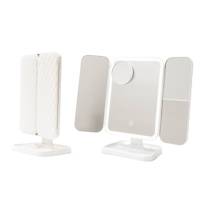 Espelho de maquilhagem triplo branco com luz LED e base retangular