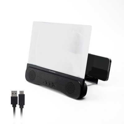 Amplificador de ecrã para smartphone preto com suporte e altifalantes integrados