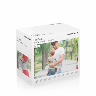 Caixa do transportador de bebé Hip Seat Baby Carrier da InnovaGoods com foto do produto e um homem com um bebé
