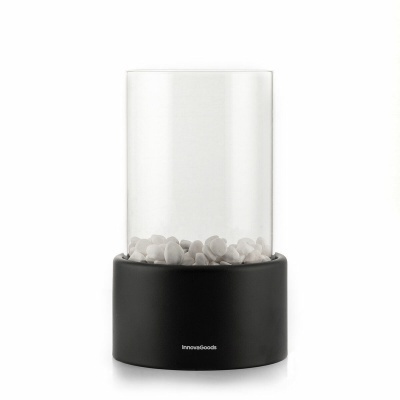 Suporte transparente para plantas com base preta e pedras brancas