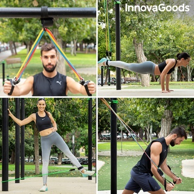 Pessoas a fazer exercícios com elásticos de resistência no parque, com texto InnovaGoods