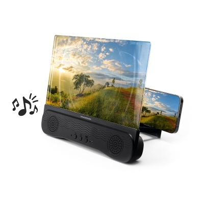 Amplificador de ecrã para smartphone preto com colunas e imagem de paisagem ampliada