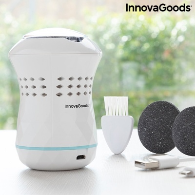 Conjunto de cuidados de beleza InnovaGoods com aparelho elétrico branco, esponjas pretas, escova e cabo USB