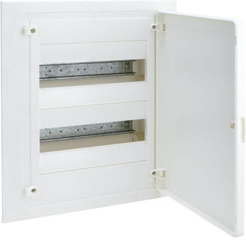 Armário para quadro elétrico branco com porta aberta e duas filas metálicas internas.