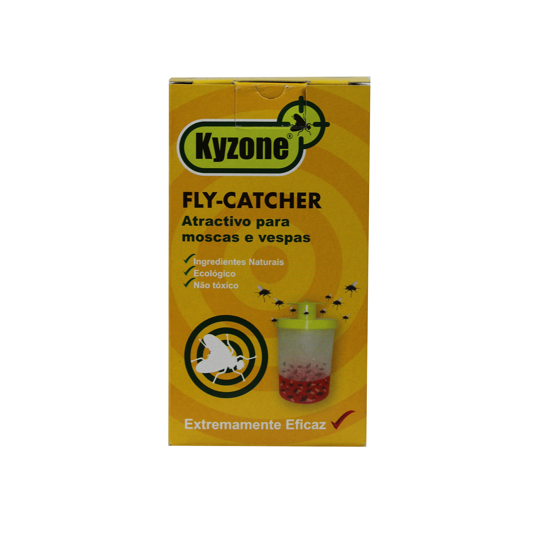 Caixa amarela do Kyzone Fly-Catcher para moscas e vespas com texto e imagem do produto.