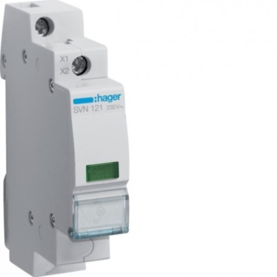 Disjuntor Hager cinza com painel transparente e detalhes azuis e verdes