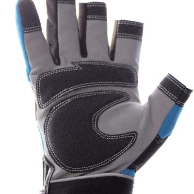 Luva de trabalho cinzenta e preta com detalhes azuis e reforços pretos
