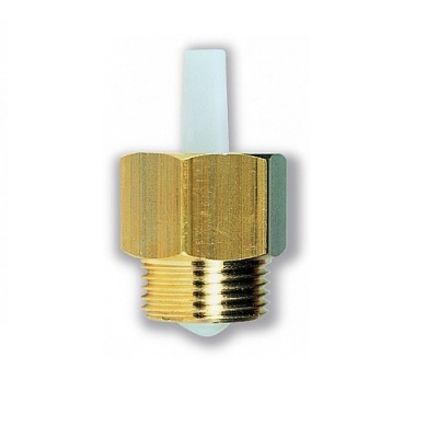Conector metálico dourado com roscas e componente branco