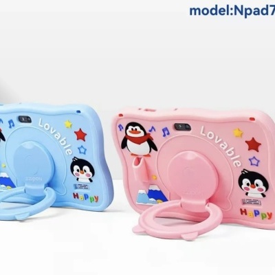 Suportes para telemóvel azul e rosa com design de pinguins e texto Lovable Happy